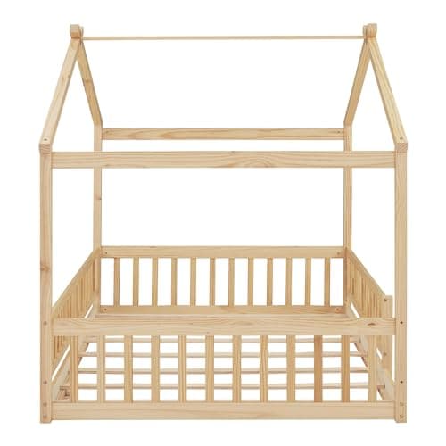 Bellemave Full Size Montessori Wood House Bed with Fence, Natural