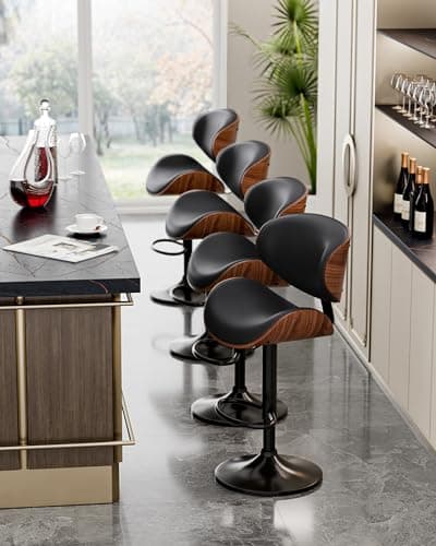 Mid-Century Modern Black PU Leather Bar Stool Set of 4 with Back