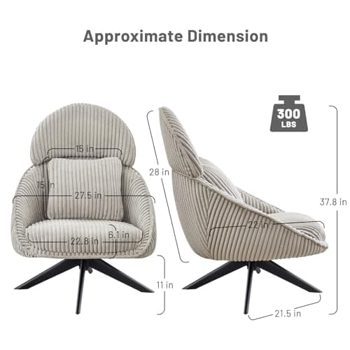 Furniliving Grey Corduroy Swivel Living Room Chair with Arms