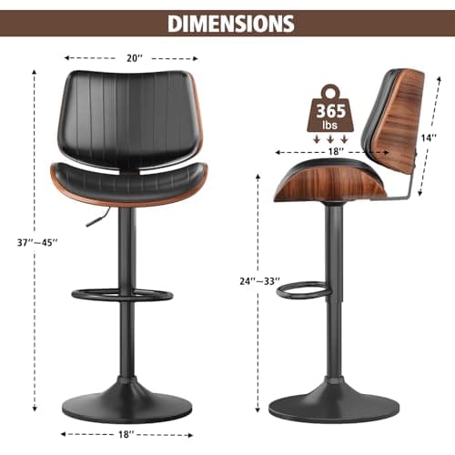 Bentwood Back Bar Stools, Black Leather Seat, Kitchen Island Set of 2