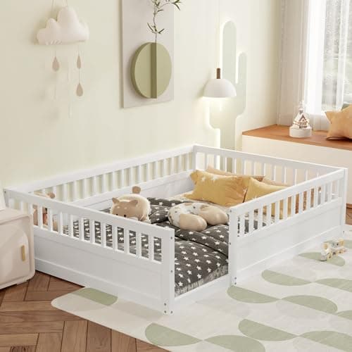Montessori Ball & Cast Full Floor Bed Frame with Fence, White, No Box Spring Needed