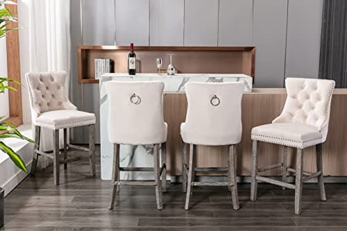 Velvet Bar Stools Set of 2, Beige, Counter Height