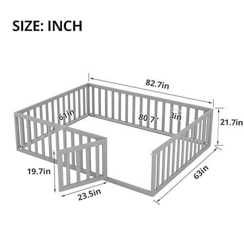 Wood Montessori Floor Bed for Kids, Gray Queen Size with Fence & Door