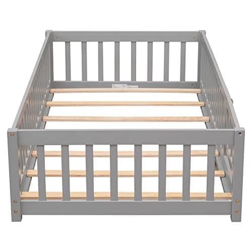 Grey Twin Size Montessori Bed Frame with Fence & Door, Easy Assemble