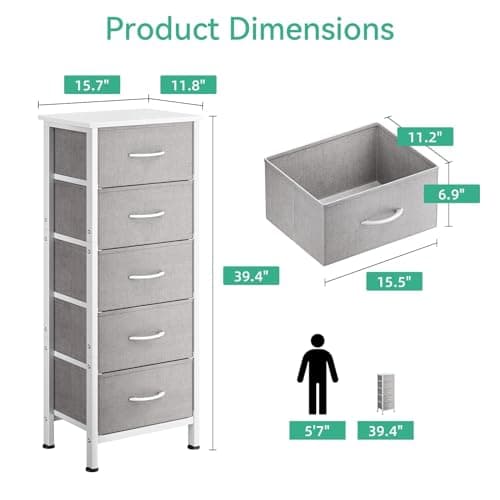 Sturdy Steel Frame Light Grey 5-Drawer Dresser Chest of Drawers