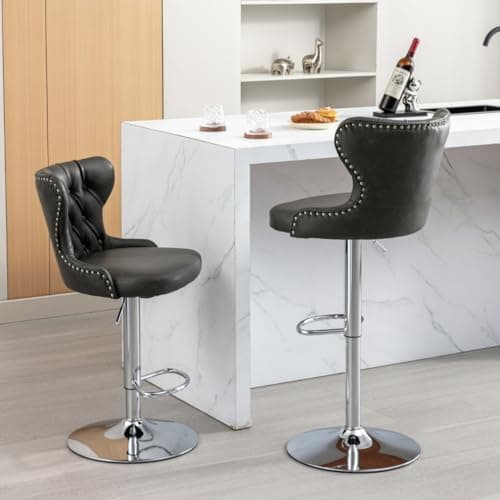 Modern Swivel Bar Stools Set of 2, Adjustable Height with Back and Footrest in Gray PU Leather