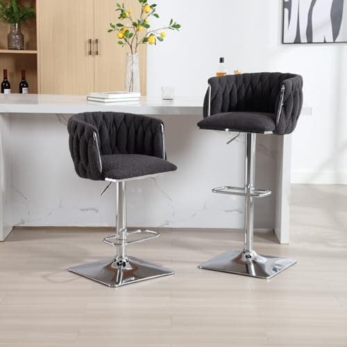 Adjustable Boucle Swivel Bar Stools Set of 2 with Hand Woven Back and Silver Footrest, for Kitchen Island and Dining Room
