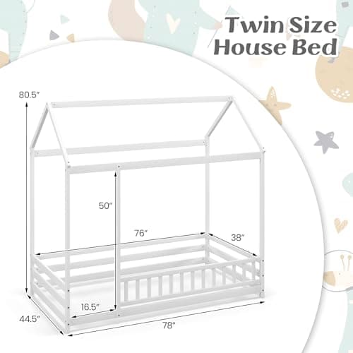 KOMFOTT White Wooden Twin Bed with Safety Guardrail & Roof for Kids