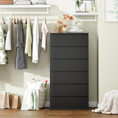 FOTOSOK Tall Black 6-Drawer Dresser with Metal Sliding Rail