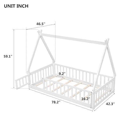 Montessori White Tent-Shaped Floor Bed for Kids with Slats and Guardrails