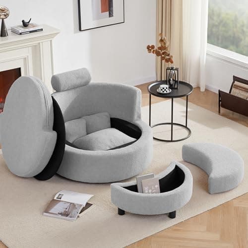 Modern Grey Swivel Chair with Half Moon Storage Ottoman & 3 Pillows for Living Room