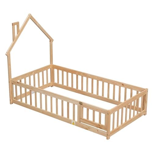 Twin Size Montessori Floor Bed with Door & Roof, Easy Assembly & Guardrails, Natural Finish