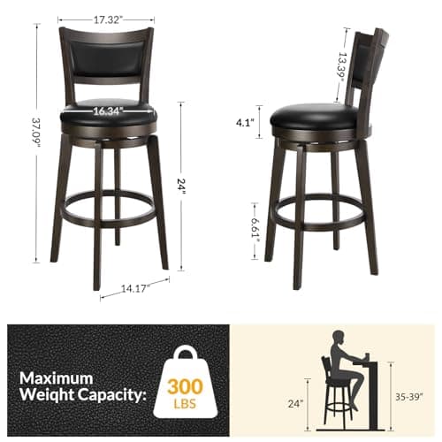 PrimeZone Set of 4 Black Faux Leather 24 Counter Height Bar Stools with High Backrest and Wood Legs