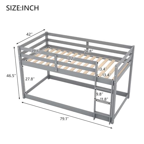 Twin Over Twin Wood Bunk Bed for Teens, Dormitory and Bedroom, Easy Assembly, Grey