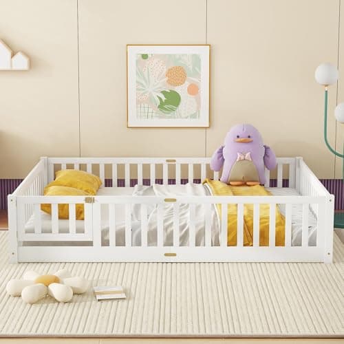 Bellemave Twin Size Floor Bed with Door & Safety Guardrails for Kids