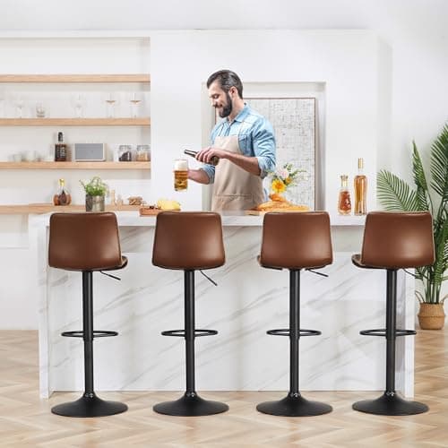 Swivel Bar Stools Set of 4 for Kitchen Island, Counter Height, Brown Faux Leather (24'' to 32'')