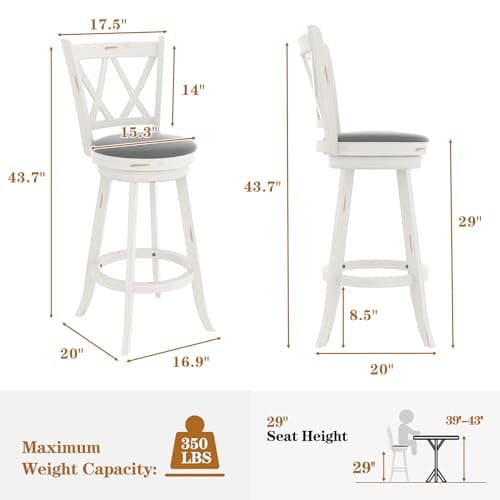Antique White Swivel Bar Stools - High Back, Upholstered Seat & Solid Wood Footrest (Set of 2)