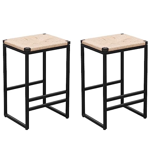 i-POOK Set of 2 Backless Rattan Bar Stools for Kitchen Island and Dining Room, Beige