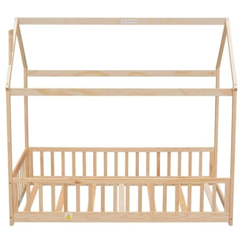 i-POOK Safety Guardrail Twin Bed with House Design, Solid Wood Slats Support, Natural Finish