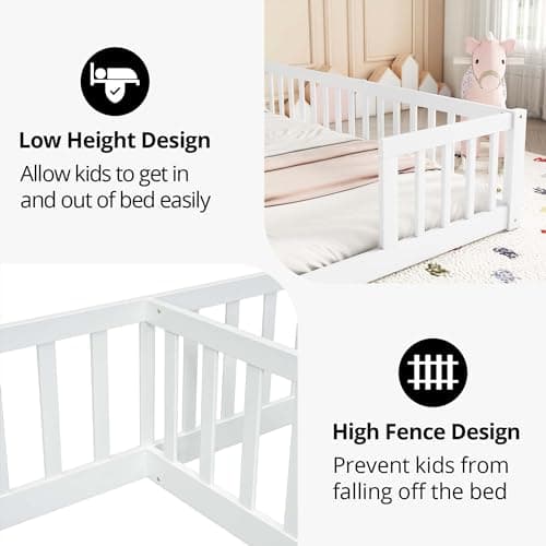 Montessori Wooden Floor Bed for 2 Kids, White Fence RailINGS, Box Spring Needed