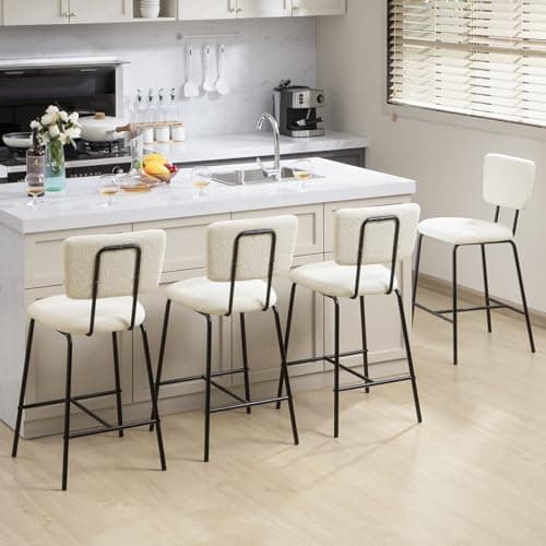 Set of 4 White Counter Height Bar Stools - Modern Upholstered Boucle Fabric Chairs