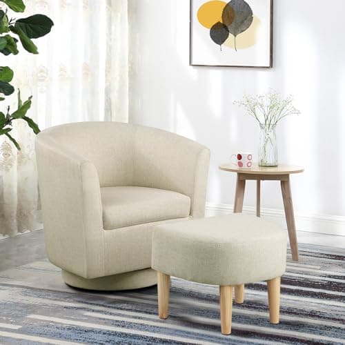 Beige 360 Degree Swivel Accent Chair with Ottoman for Living Room and Bedroom