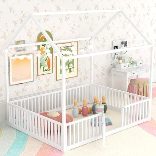 Bellemave Full-Size Metal Floor Bed with Door & Roof in White