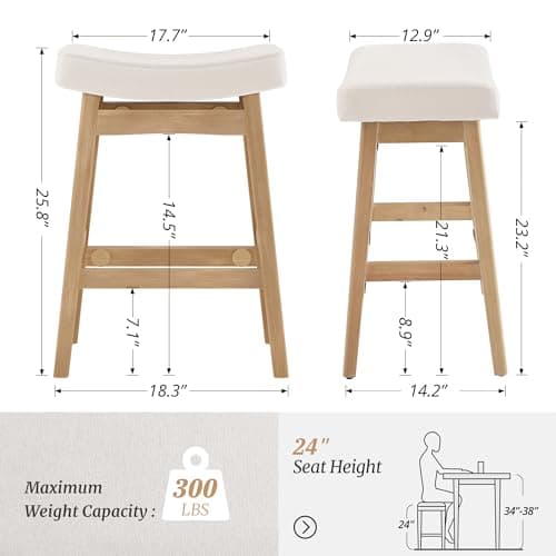 2 Pack Beige Fabric Sturdy Wood Leg Bar Stools, Counter Height, Kitchen & Bar