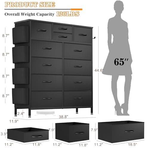 Lulive Tall Dresser Chest with 12 Drawers & Hooks (Black)