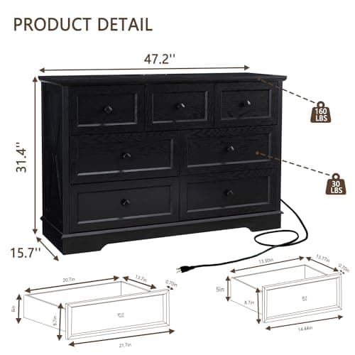 Modern LDTTCUK Bedroom Dresser with 7 Drawers & Charging Station, Black