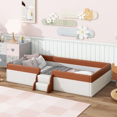 Montessori Queen Size Floor Bed for Kids (Brown+White)