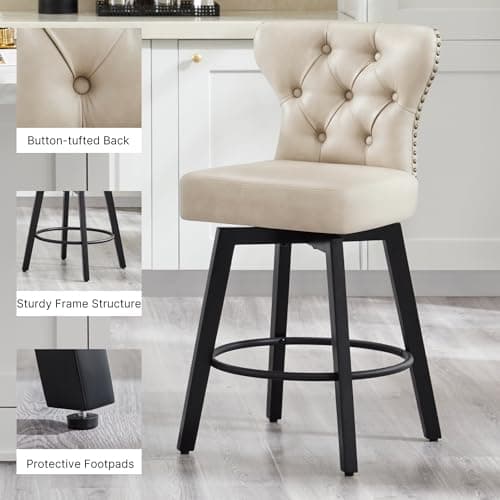 Beige Nailhead Trim Barstools 26" Swivel Kitchen Island Stools, Set of 4