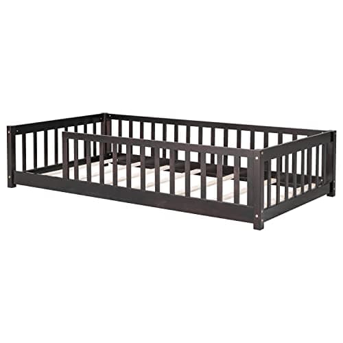 Espresso Toddler Twin Floor Bed with Fence, Easy Assembly