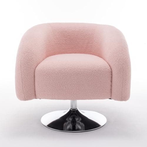 i-POOK Circle Swivel Chair, Boucle Single Sofa Chair with Swivel Base and Wood Frame, Pink