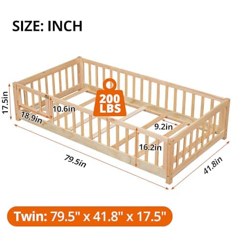 Montessori Floor Bed for Kids - Twin Size, Sturdy Wood Frame