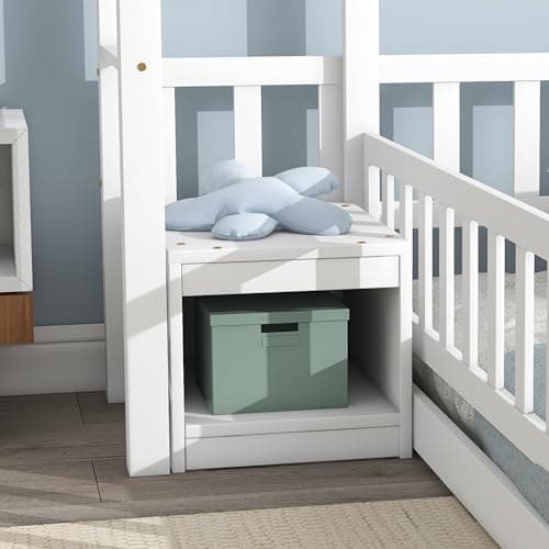 Twin Size Floor Bed with House-Shaped Headboard & Stand, Kids Montessori White