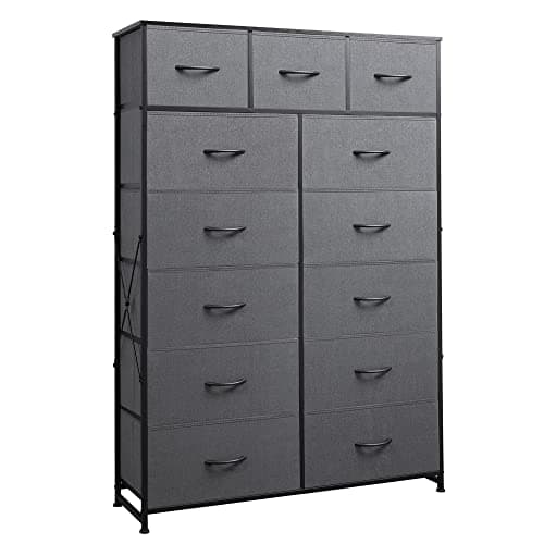 Charcoal Black Tall Dresser with 13 Drawers & Fabric Bins