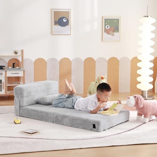 Tiita Kids Foldable Futon Bed Mattress Sofa with Storage Bag, Plush Grey