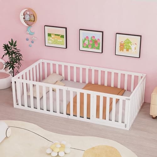 Twin Size Wood Montessori Bed with Guardrails & Detachable Door, White