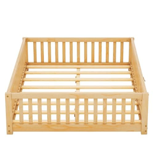 Full-Size Montessori Floor Bed with Slats & Center Support Bar (Natural)