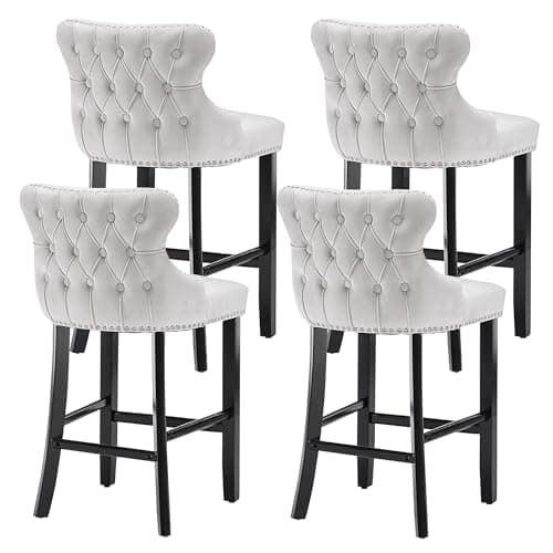 Velvet Upholstered Barstools Set of 4 with Wood Legs for Kitchen Island Pub