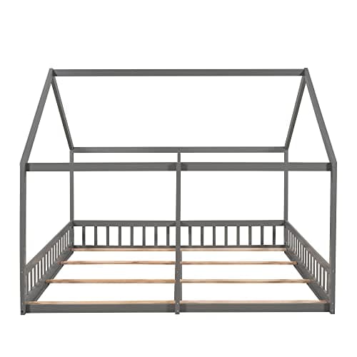 P PURLOVE Double Twin Bed for 2 Kids with Fence, Gray
