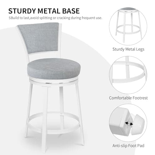Modern Grey & White Linen Counter Height Bar Stool Set, 25 Inch Swivel Chairs