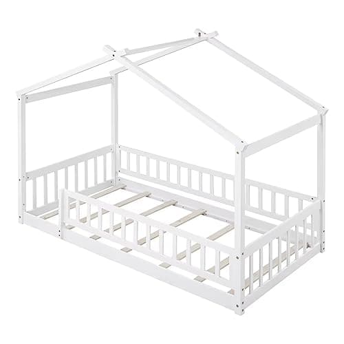 i-POOK White Wood Floor Bed with Fence & Roof for Kids