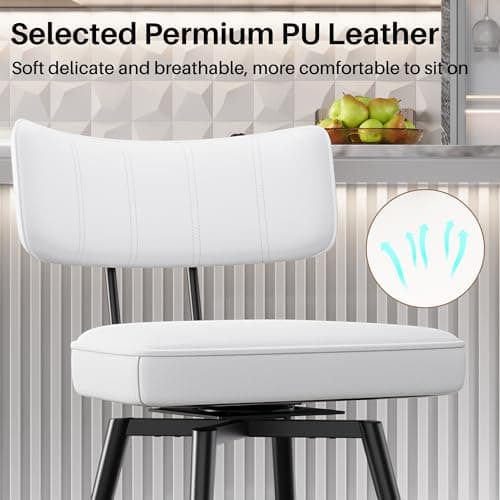 26 Inch White Leather Swivel Bar Stools with Back, Kitchen Counter Set of 2