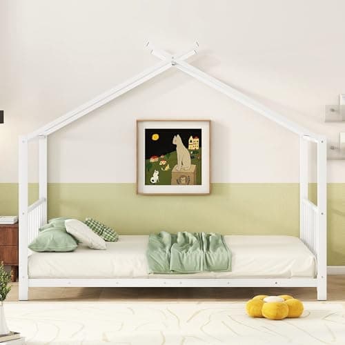 Twin Size Montessori Floor Bed with High Headboard (White)