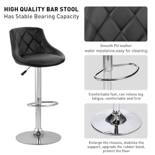 PayLessHere Modern Black Bar Stools, Set of 2, PU Leather, Height Adjustable