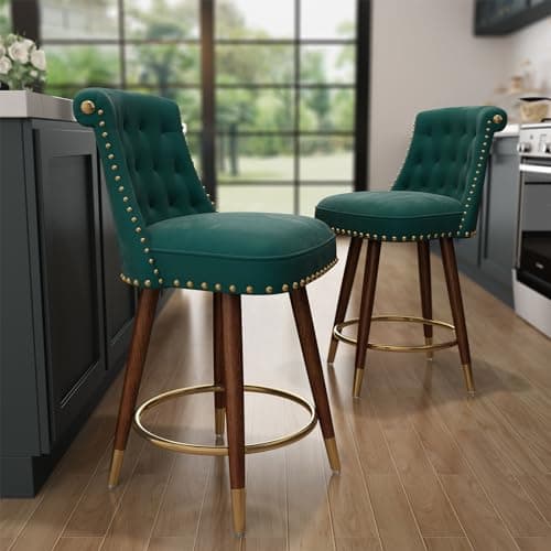 Set of 2 360° Swivel Counter Height Bar Stools with Back and Footrest - 24 Velvet Upholstered Beige Stools with Solid Wood Legs for Kitchen Island