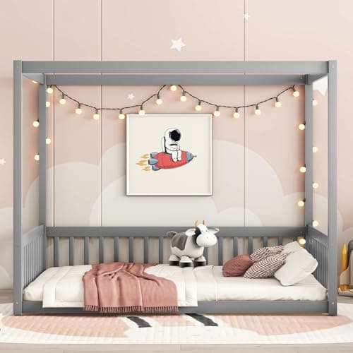 i-POOK Full Size Canopy Bed Frame with Fence, Grey