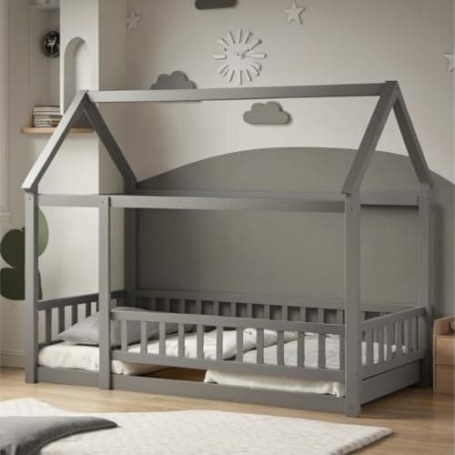 Montessori Twin Size Floor Bed Frame for Kids - Wooden House Design with Fence